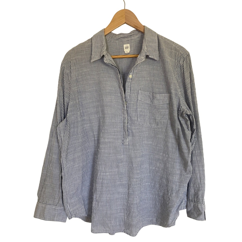 Gap Blue White Striped Popover Tunic Shirt Long Sleeve XL Womens Coastal Classic